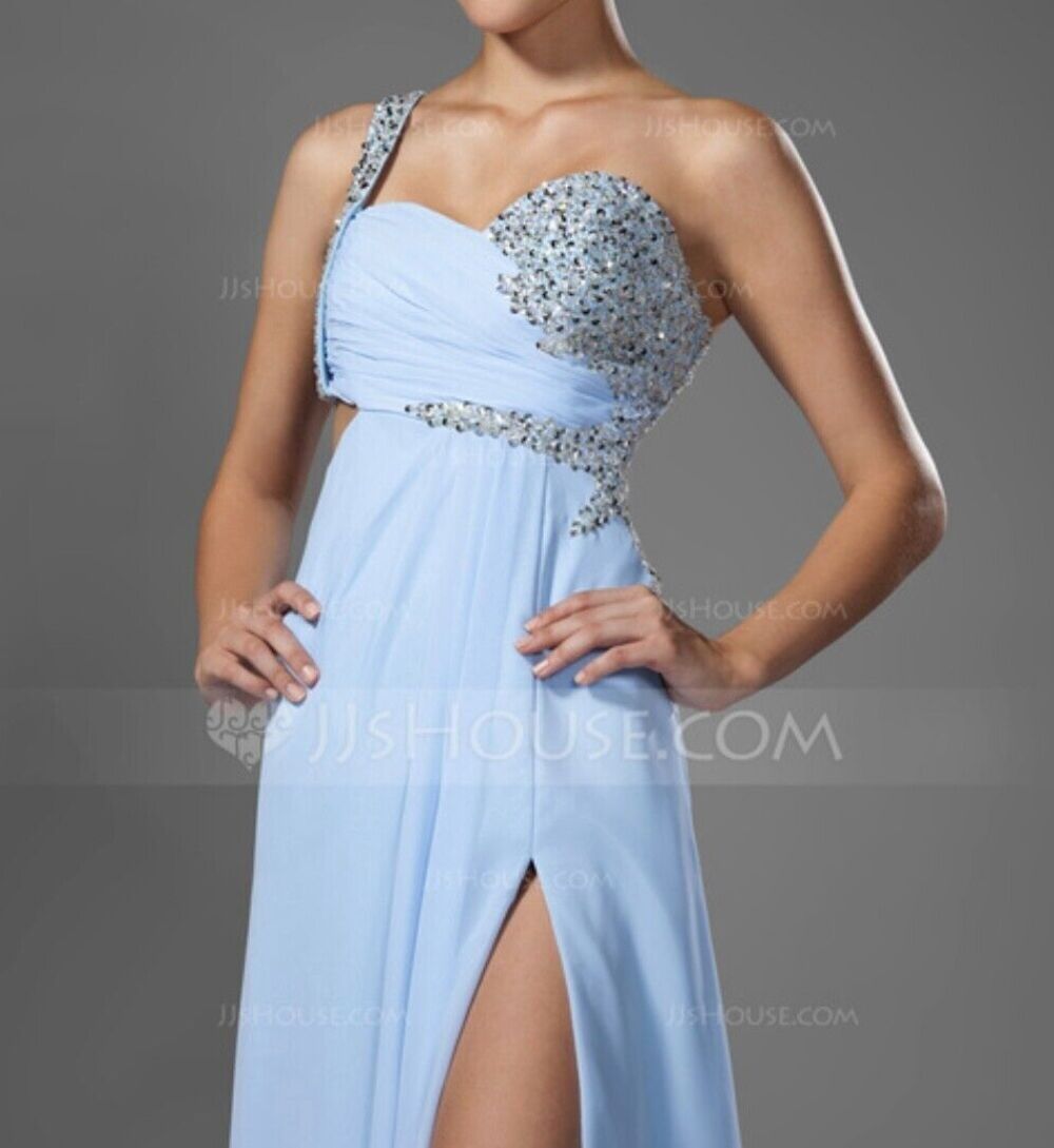 JJ's House 6 prom gown 1-shoulder chiffon beading sequin split sky blue cut-out - Picture 4 of 16